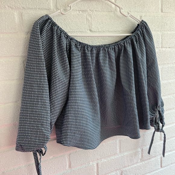 ZARA gingham cropped puff sleeve tie sleeve off shoulder blouse blue&white XS - Picture 4 of 7